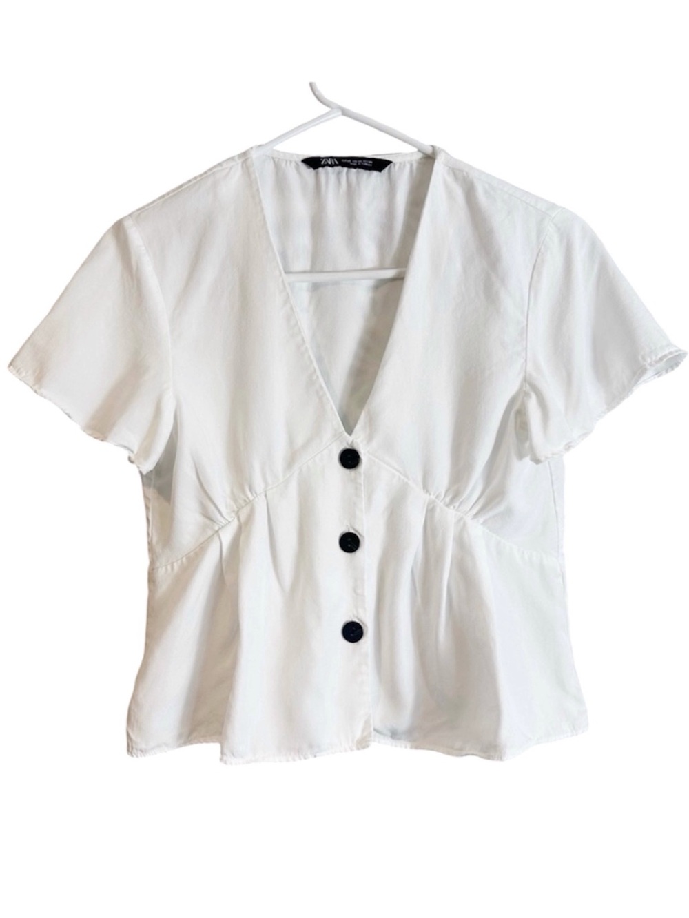 Zara White Cropped V Neck Button Blouse